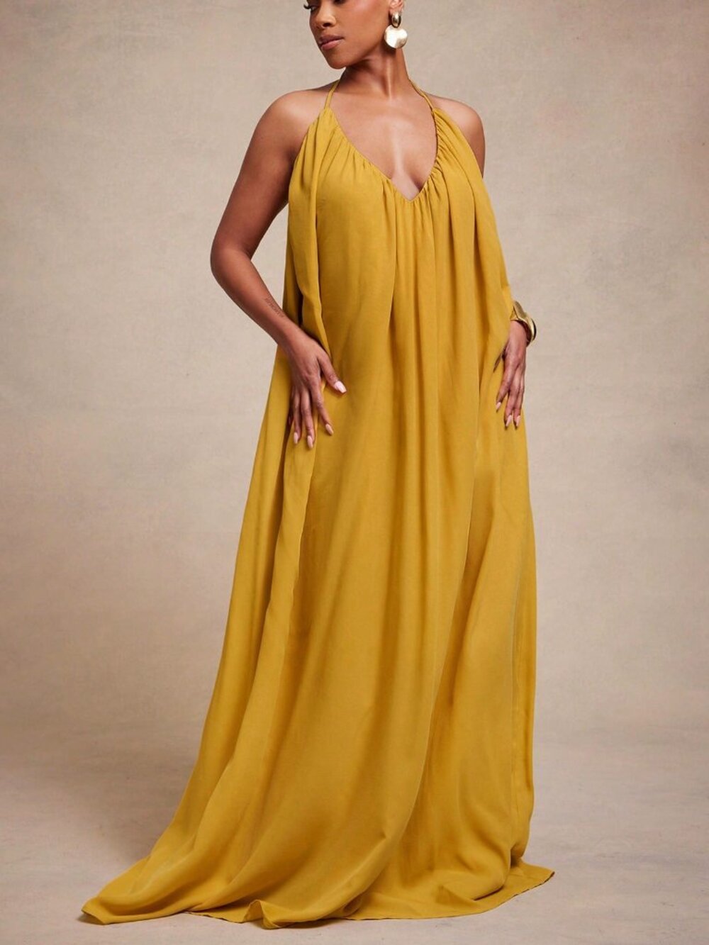 Yellow Sexy Women's Elegant Chiffon Flowy Halter Maxi Dress
